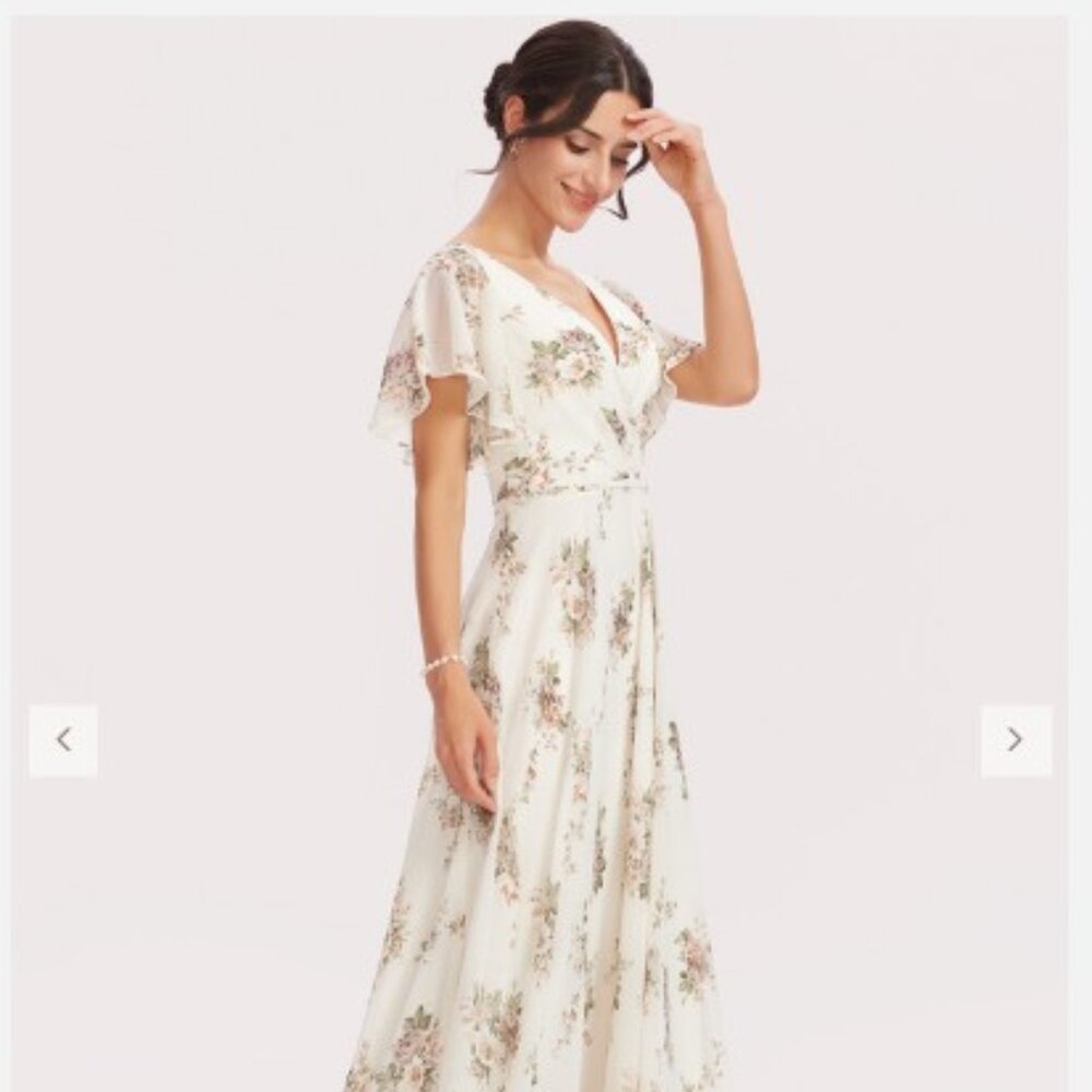 NWT JJ's House Cream Floral A-Line V-Neck Floor Length Chiffon Bridesmaid Dress
